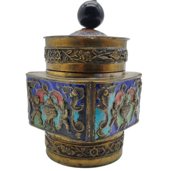 Vintage Chinese Enameled Brass Box Jar Embossed Figures & Cloisonné Enamel Lid - Picture 2 of 12